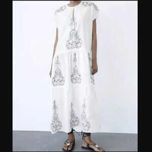 Zara - White Embroidered Maxi Dress - S
